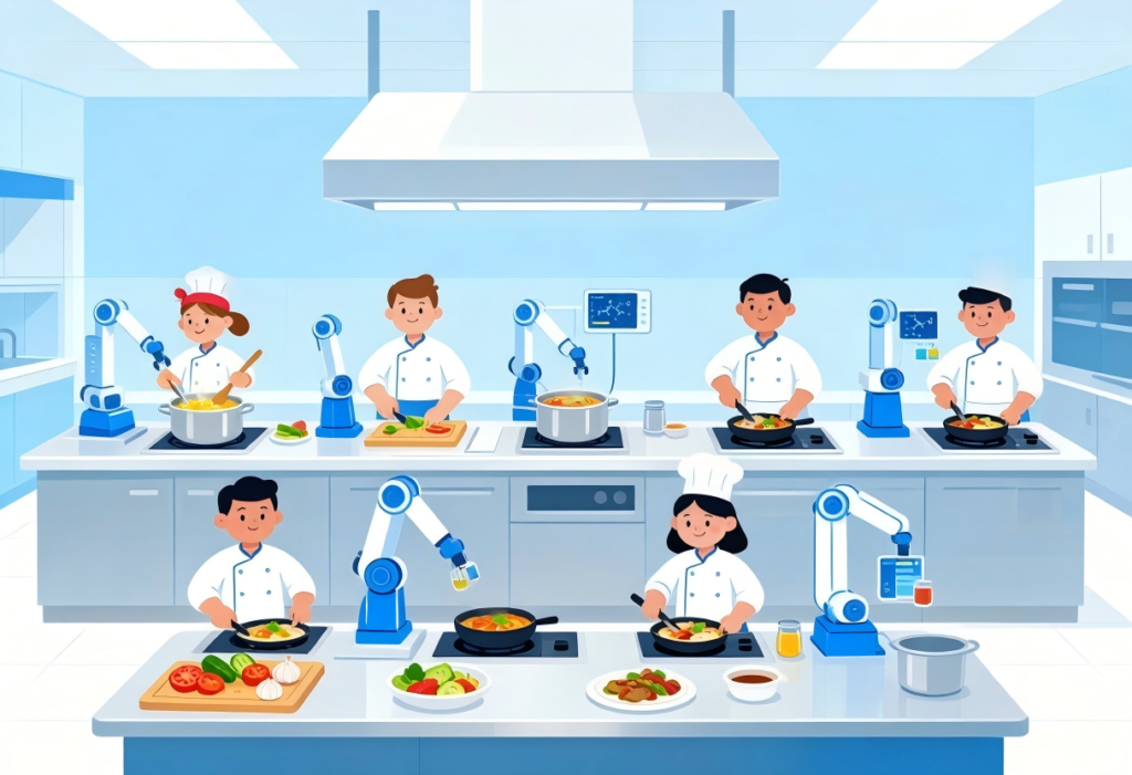 a mega-kitchen cooking 100 dishes at once